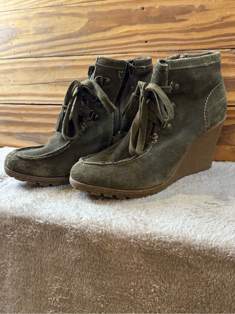 MIA Olive Green Suede Wedge Ankle Booties